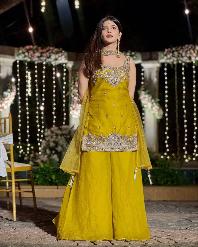 Designer Party Wear Heavy Two Tone Fancy Silk Sharara Set