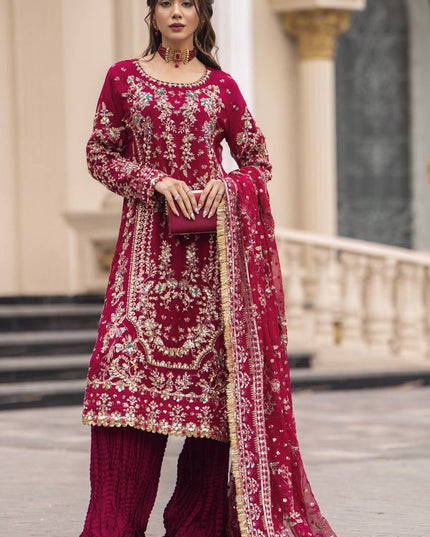 Designer Faux Georgette Embroidered Ensemble - Fully Stitched Top, Palazzo & Dupatta Set