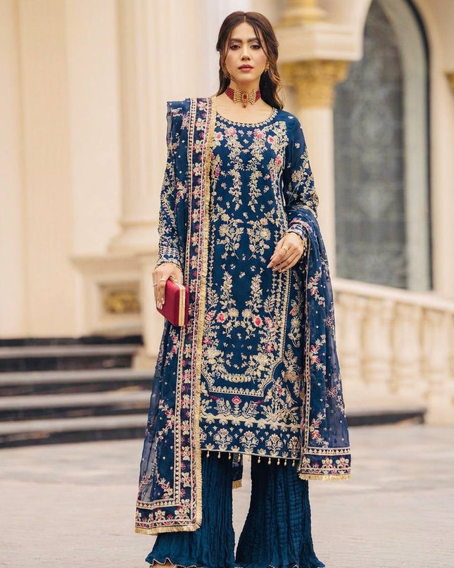 Designer Faux Georgette Embroidered Ensemble - Fully Stitched Top, Palazzo & Dupatta Set