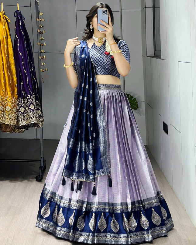 Kanchipuram Silk Lehenga with Zari Weaving | Contrast Border & Silver-Golden Detailing