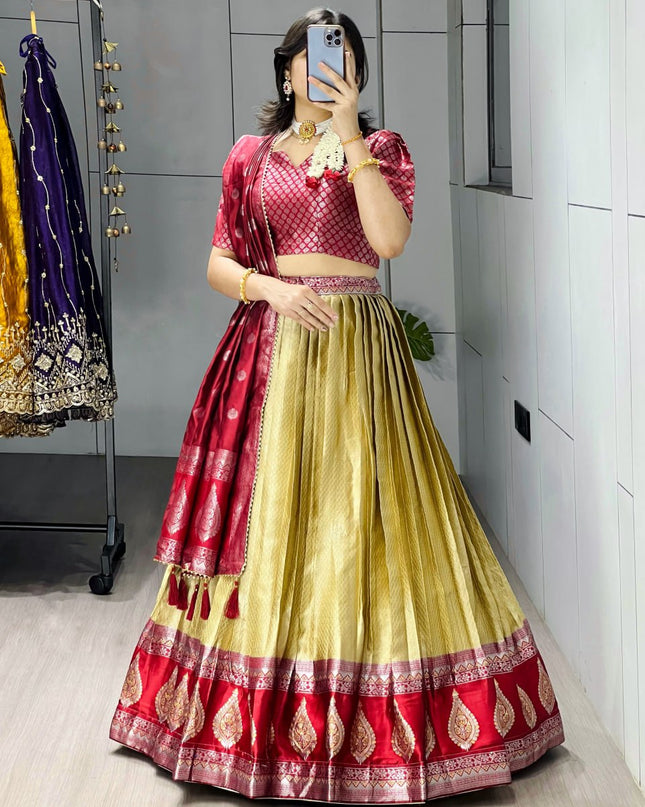 Kanchipuram Silk Lehenga with Zari Weaving | Contrast Border & Silver-Golden Detailing