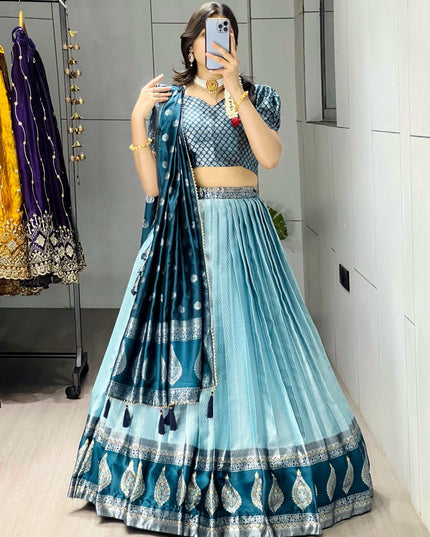 Kanchipuram Silk Lehenga with Zari Weaving | Contrast Border & Silver-Golden Detailing