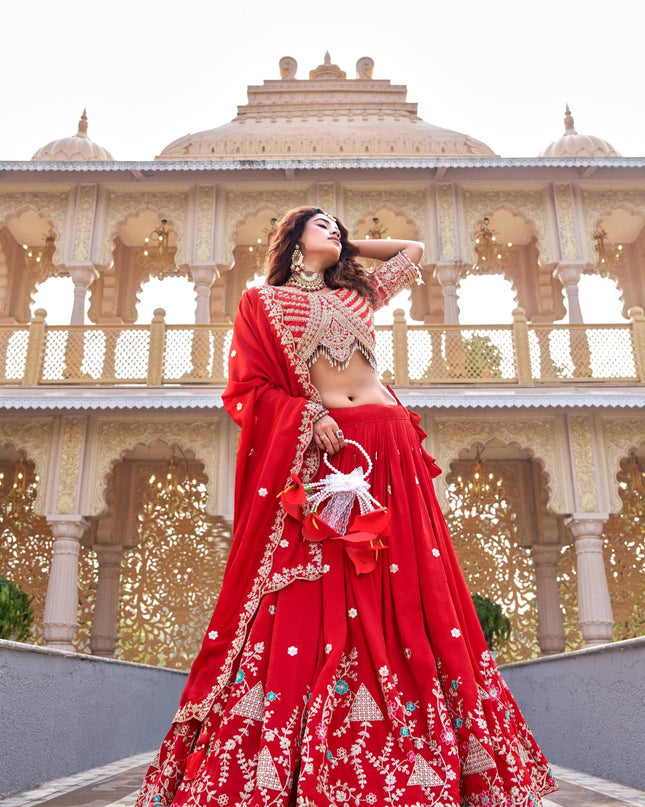 Pure Vichitra Embroidered Lehenga Choli | Heavy Cording Sequence & Thread Work