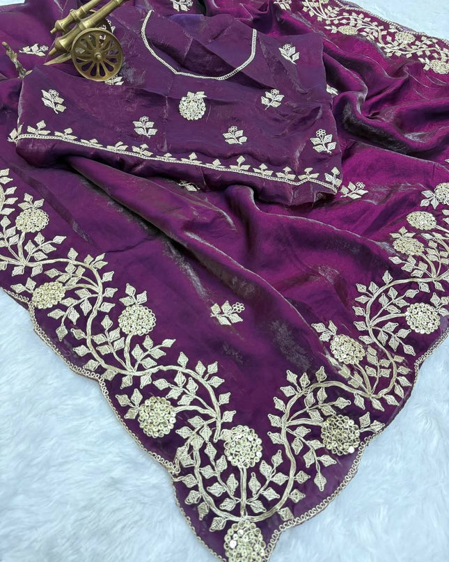 Premium Fancy Satin Saree with Embroidery Work | C Pallu & Arco Cut Border