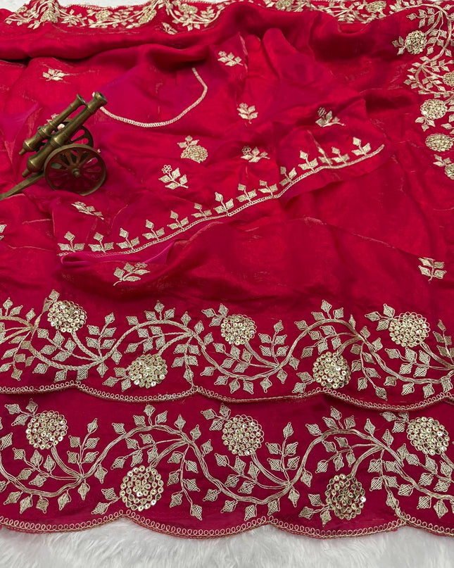 Premium Fancy Satin Saree with Embroidery Work | C Pallu & Arco Cut Border