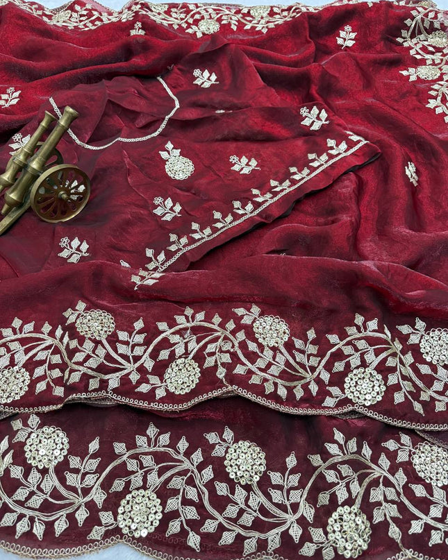 Premium Fancy Satin Saree with Embroidery Work | C Pallu & Arco Cut Border