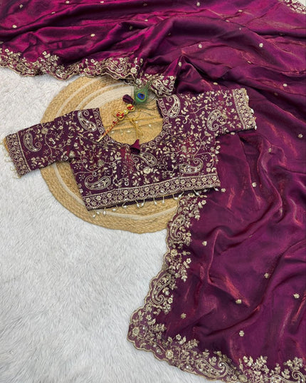 Premium Pure Space Silk Saree With Zari Sequence Mango Design Embrodairy Work