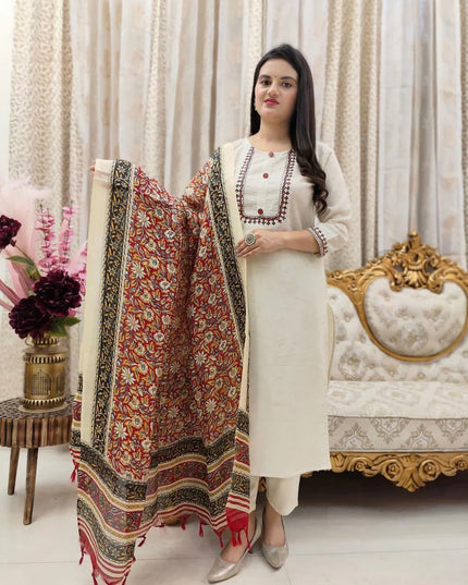 Khadi Cotton Designer Kurti Pant Dupatta Set with Embroidery Work