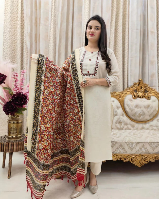 Khadi Cotton Designer Kurti Pant Dupatta Set with Embroidery Work