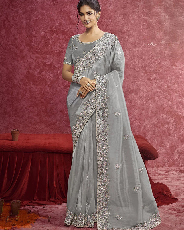 Elegant Grey Siya Silk Saree with Intricate Zari Embellishment