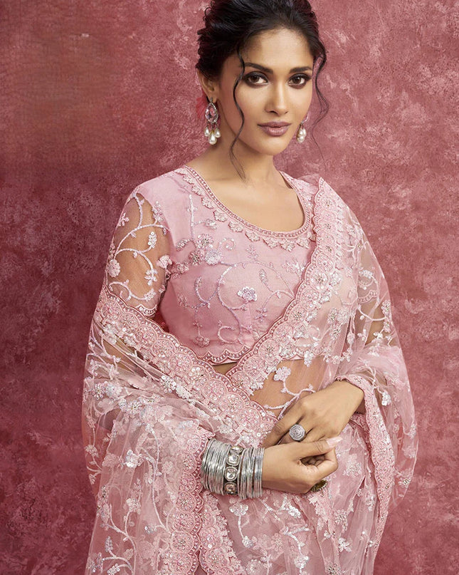 Designer Pink Net Saree with Fine Zari and Sequin Work