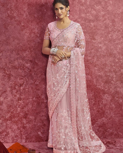 Designer Pink Net Saree with Fine Zari and Sequin Work