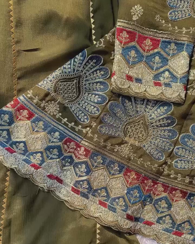 Designer Palazzo Pair | Chinon Silk with Embroidery Sequence Work | 3 Piece Set