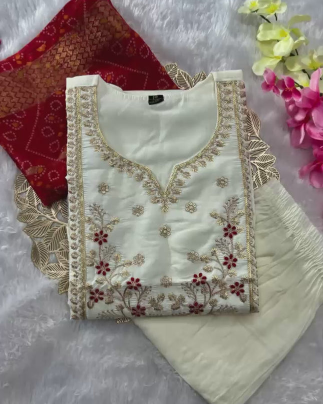 Designer Kurti Pant Dupatta Set with Embroidery Sequence Work | Cream White