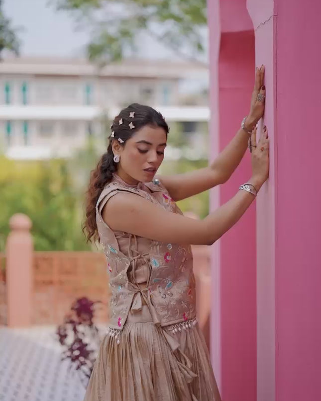 Lehenga Choli with Shrug | Pure Gold Crush Heavy Embroidery Sequence Thread Work