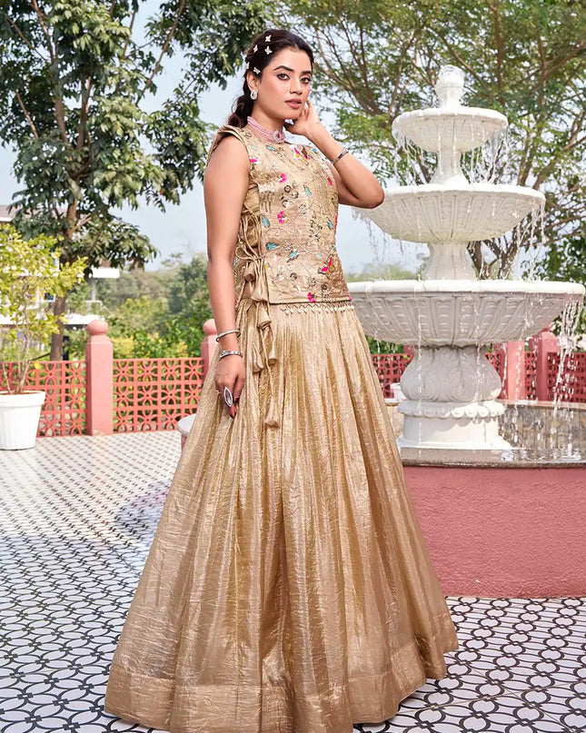 Cream Lehenga Choli with Shrug | Pure Gold Crush Heavy Embroidery Sequence Thread Work