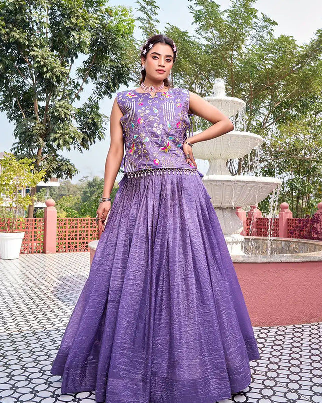 Lavender Lehenga Choli with Shrug | Pure Gold Crush Heavy Embroidery Sequence Thread Work