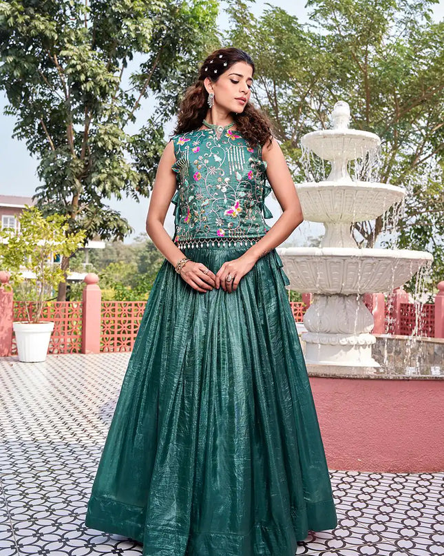 Tea Lehenga Choli with Shrug | Pure Gold Crush Heavy Embroidery Sequence Thread Work