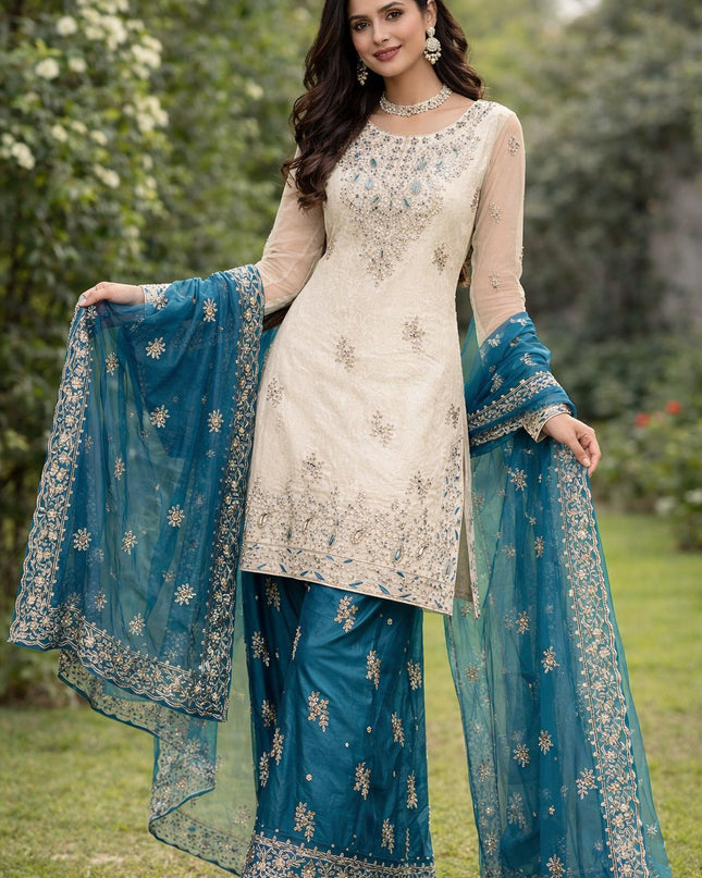 Designer Party Wear Embroidered JC Silk Suit Set with Palazzo
