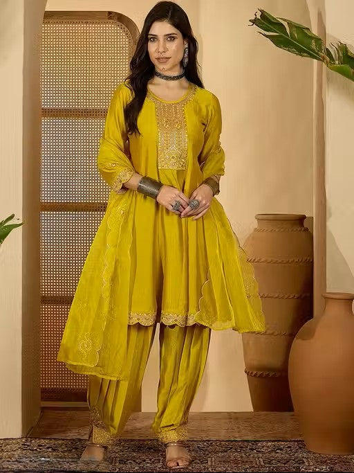 Yellow Stylish Top with Dhoti and Dupatta | Heavy Vichitra Silk with Embroidery Sequence Work